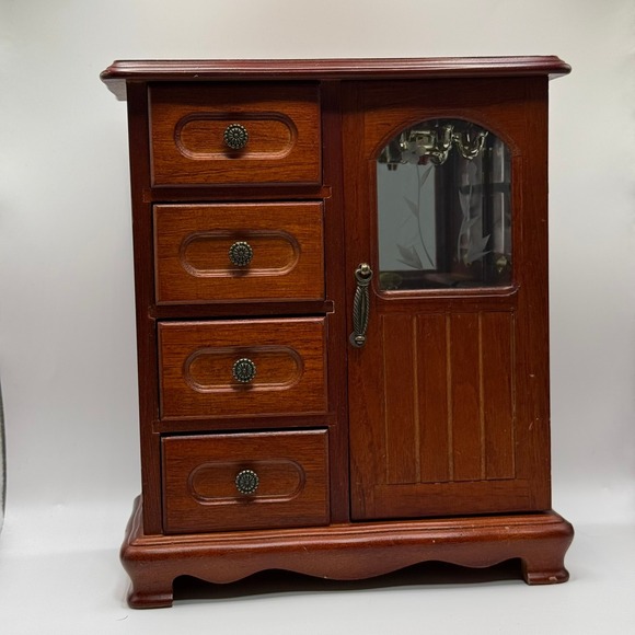 Other - Vintage Wooden Jewelry Armoire Tabletop Chest 4 Drawers Etched Glass Carousel
